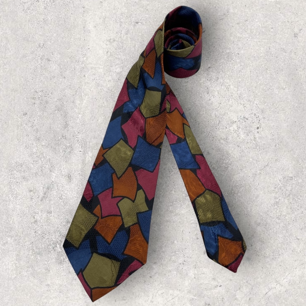 HUGO BOSS WHITE TAG Blue/Orange Geometric Art Silk LUXURY Tie ITALY